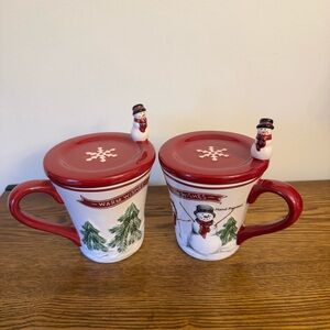 Set of 2 St. Nicholas Square Yuletide Snowman Mugs with Figurine Lids/Coasters
